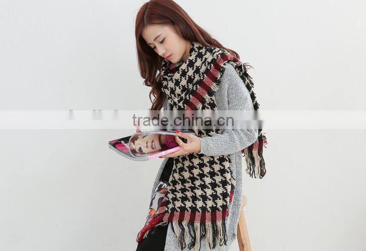 Latest Design Fringed Tassel Houndstooth Jacquard Fashion Woman Cashmere Scarf