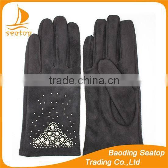 new 2016 womans suede smart phone hand gloves with fake diamonds
