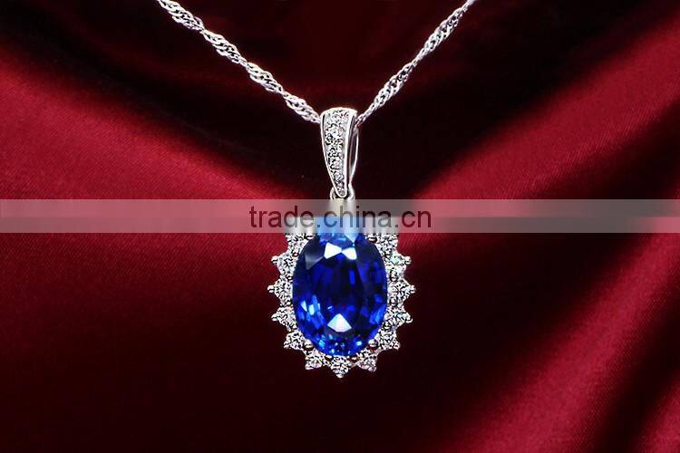 European style jewelry blue gemstone pendant 925 silver floating necklace for wedding