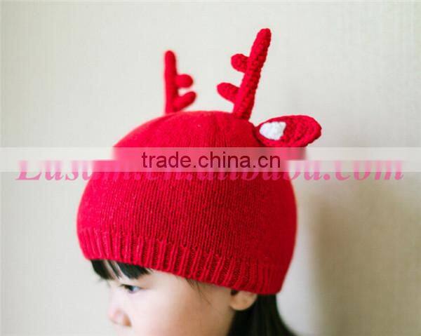 Top quality children antler fabric knitting cony rabbit hair christmas hat for baby