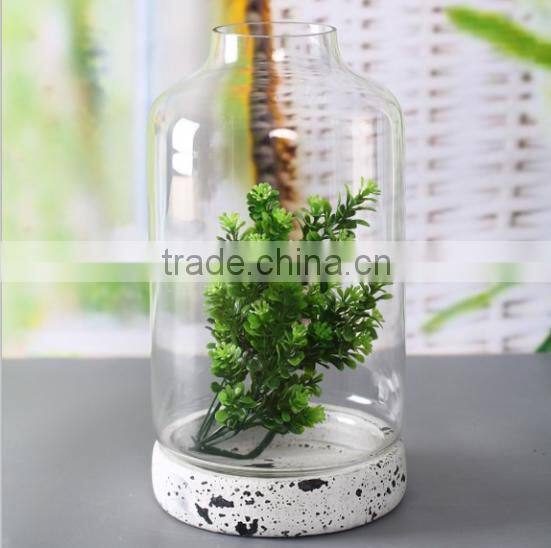 Pear shape glass terrarium with cement base