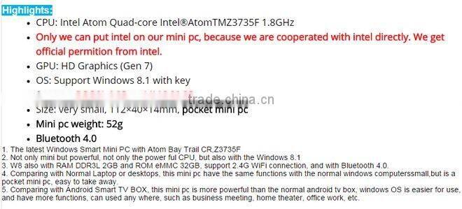 Mini PC with Win 8.1 OS Mini Computer PC Intel Z3735F 2GB/32GB Compute Stick