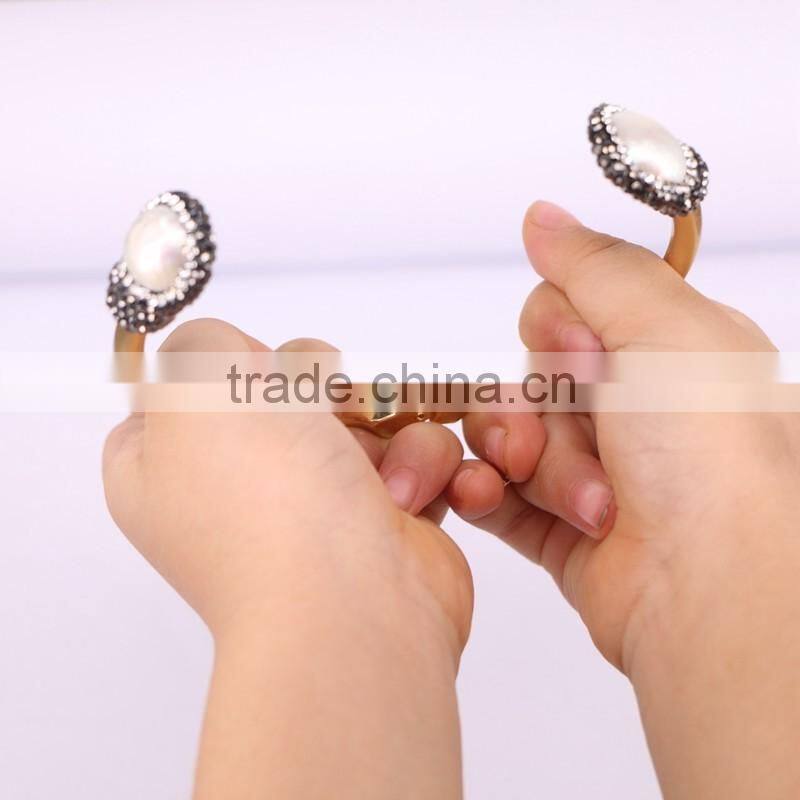 Fashion Metal Gold Plated Brass Pearl Bangle, with Freshwater Pearl and Crystal Paved Druzy Gem Jewelry Bangles