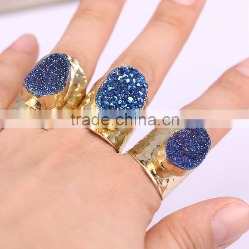 Gold Plated Natural Blue Agate Titanium Druzy Ring Freeform Drusy Gemstone Geode Jewelry Ring
