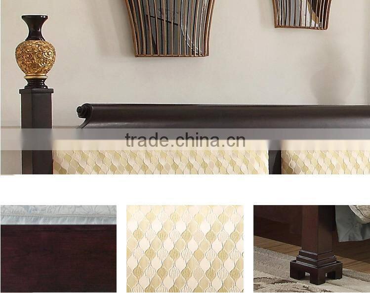 Chinese style bedroom furniture solid wood double bed with fabric upholstered bedboard