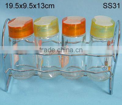 4 pcs glass spice jar set with metal frame and plastic lids