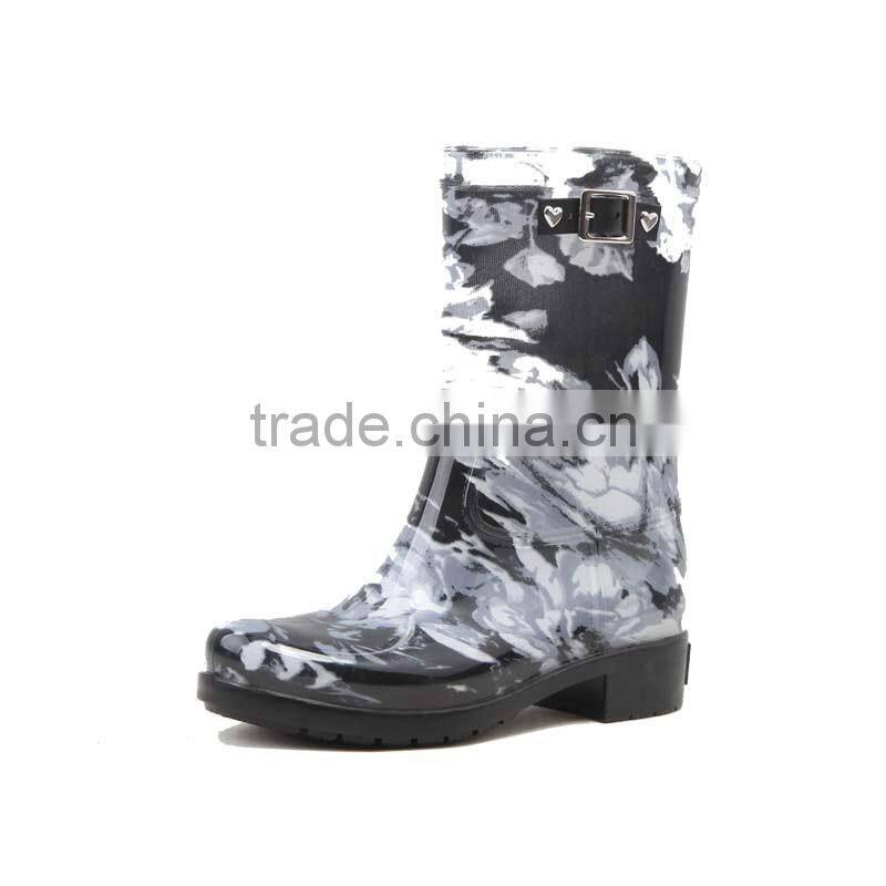 black white flower pattern women rain boots with buckles