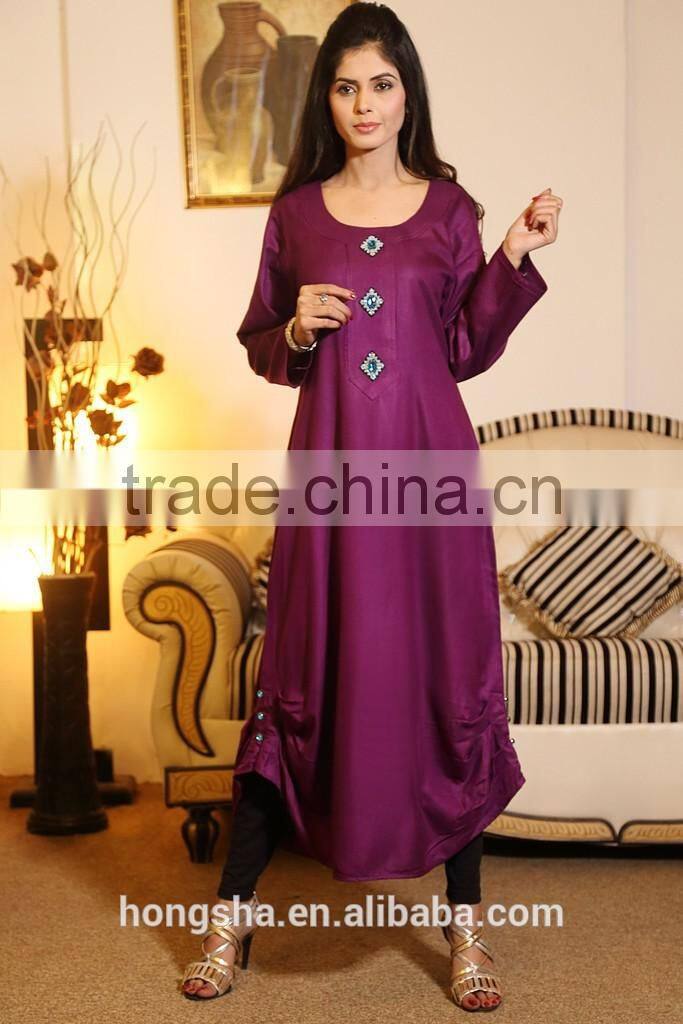 Pakistani Purple Kurti With Front Neck Diamante Buttons Designs HSd7078