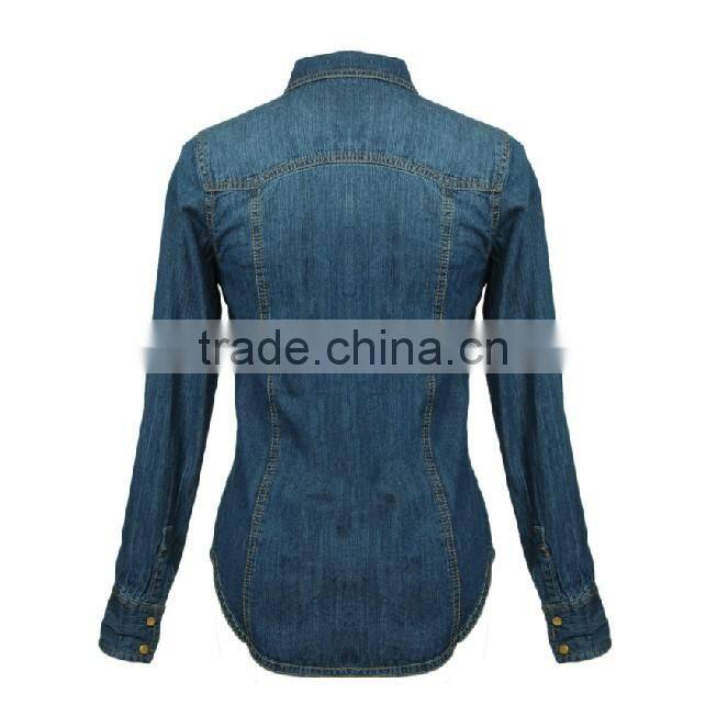 Top Fashion Perfect Cut Ladies Botton Open Denim Blouse with Long Slee