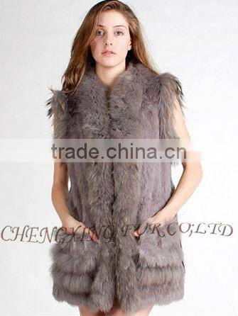 CX-G-B-203 Long Genuine Ladies Rabbit Fur Vest With Racoon Fur Trim ~ Casual Wear