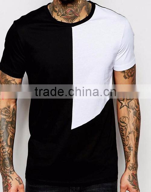Fashion men cut & sew square panel round collar short sleeve plain t-shirt wholesale custom factories