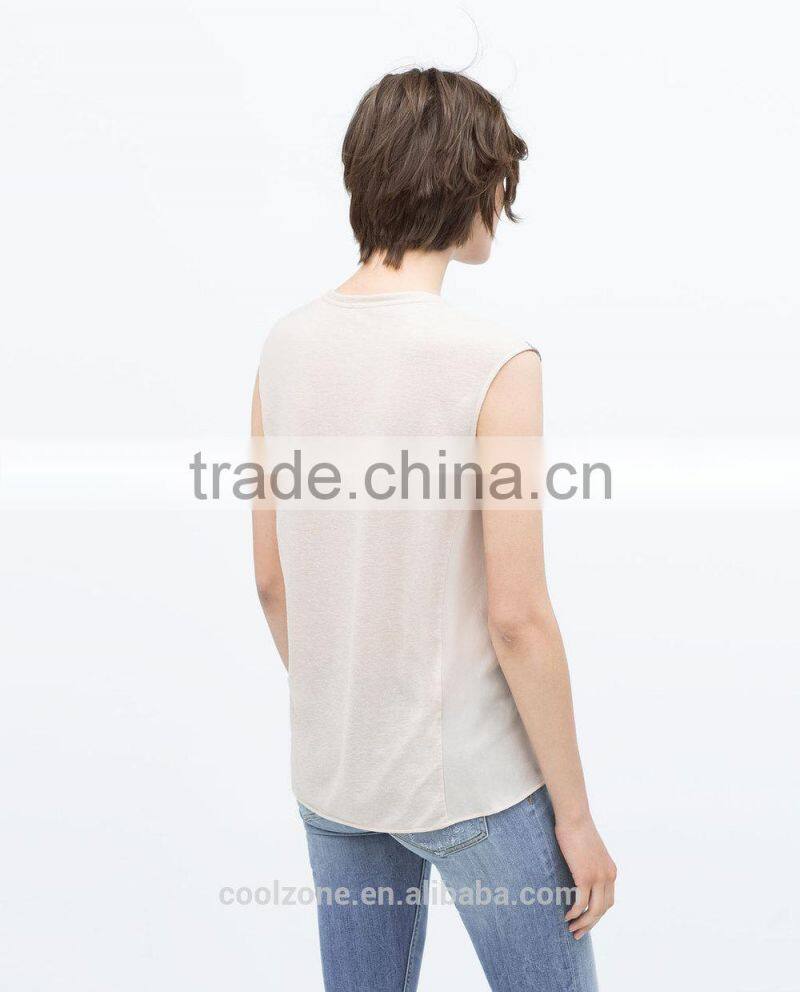 2015 new fashion sleeveless round neck print chiffon lady top designer