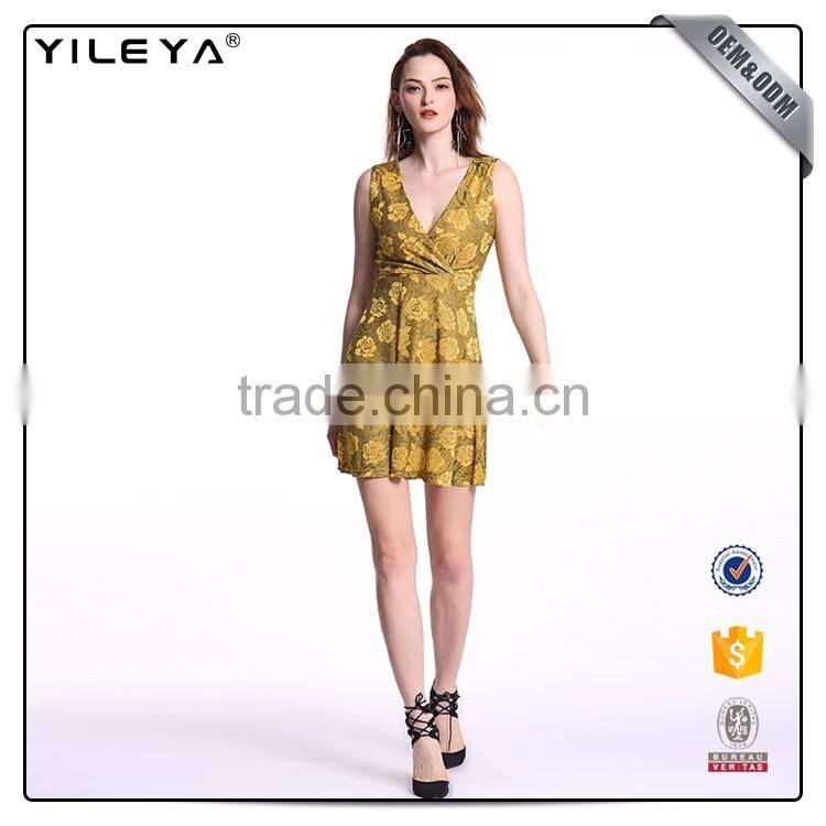 Odm Services Pleated V Neck Sleeveless Dress Flower Slim Waist