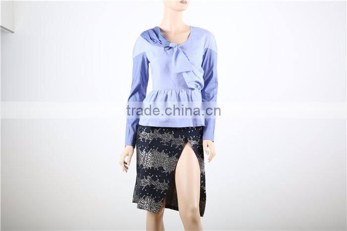 long sleeve blue women blouse patch work designs with bow in front