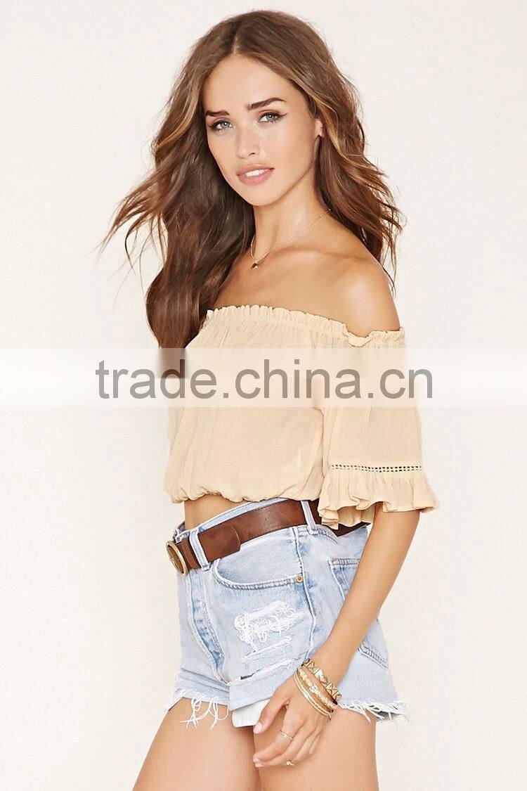 2016 hot sale plain dyed cotton summer fashion off shoulder long sleeve lady pants and blouse