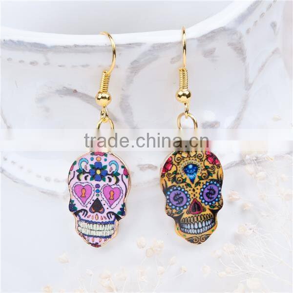 New Fashion Cheap Gold Plated Multicolor Halloween Sugar Skull Earrings