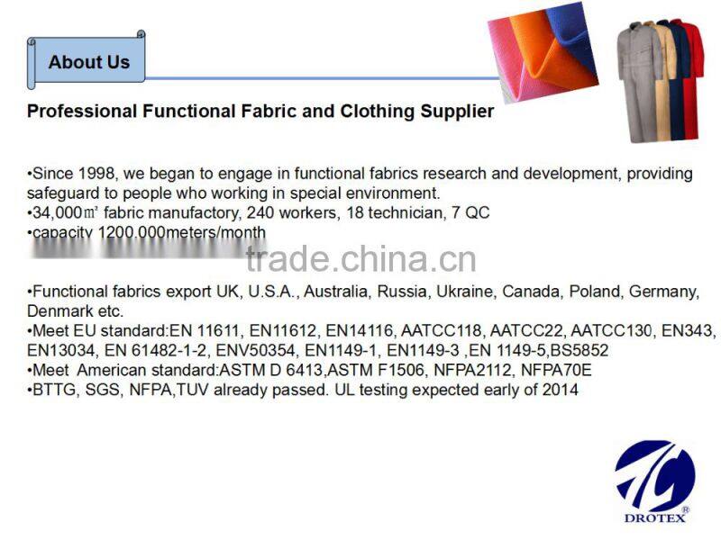 EN11611 & AATCC 118Rip-stop higher strength fire resistant with water repellent Khaki color 75%cotton with 35 % polyester 300gsm