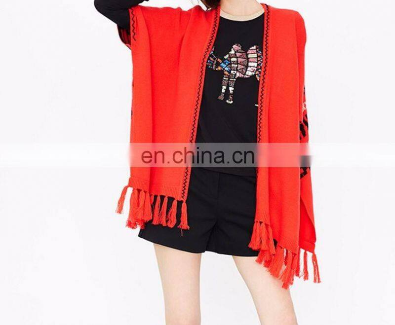 Red color New fashion computer knitted fringe poncho women