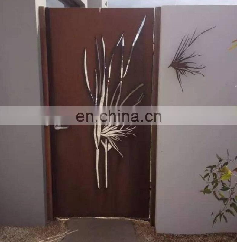 Laser cut corten steel garden gates with black powder coated posts