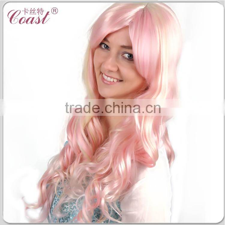 Long curly pink synthetic hair wig
