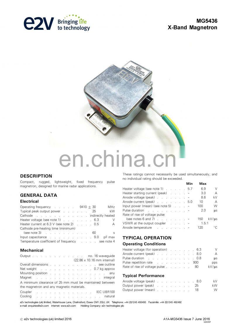 Marine electronics maritime navigation communication Furuno marine radar spare parts UK MG5436 E2V 25KW X band radar magnetron