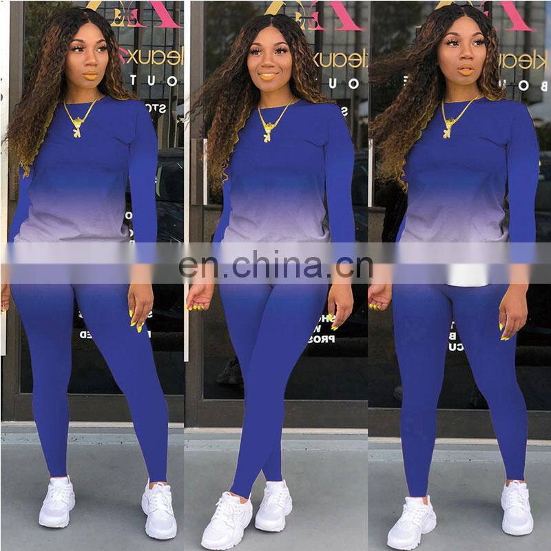Wholesale custom autumn and winter women's new gradient round neck long-sleeved home casual sports suit jogging stacking pants