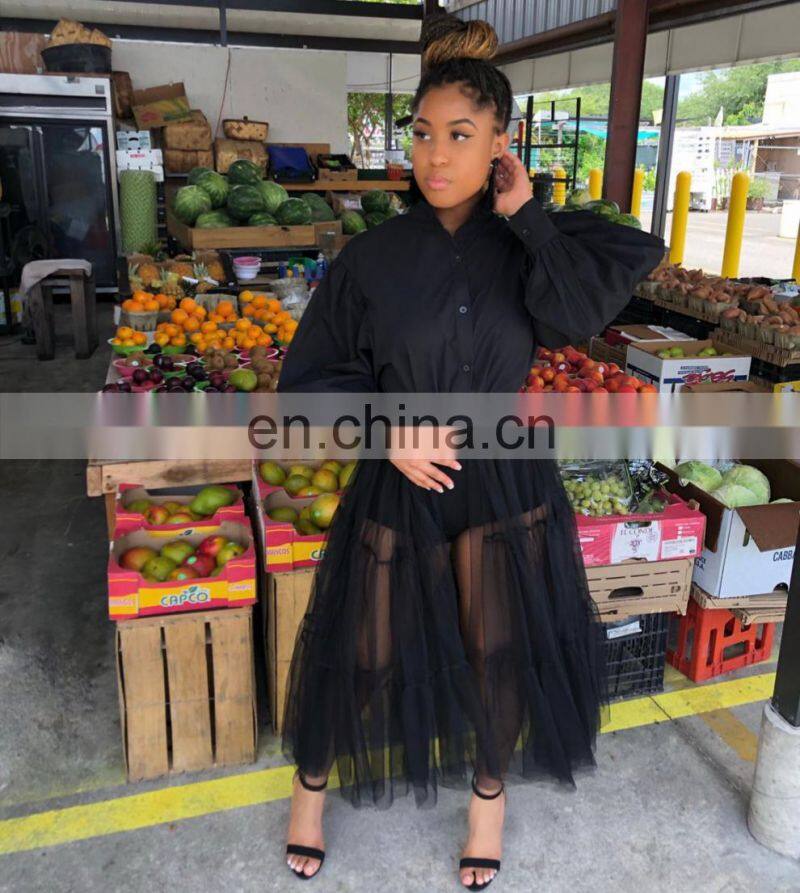 (Belt not included) Customized new women's fashion big size nightclub mesh translucent stitching long sleeve dress
