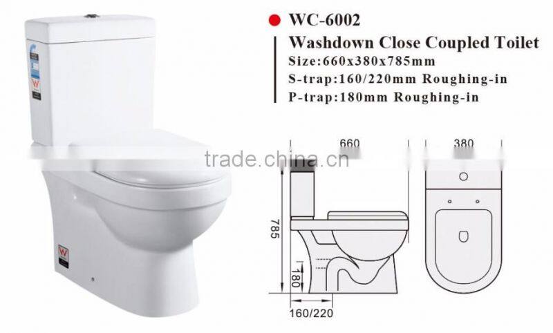 Two-Piece Washdown Watermark Toilet S/P Trap with GEBERIT or R&T Fitting Soft Cover, Australian Standard WELS WC-6002