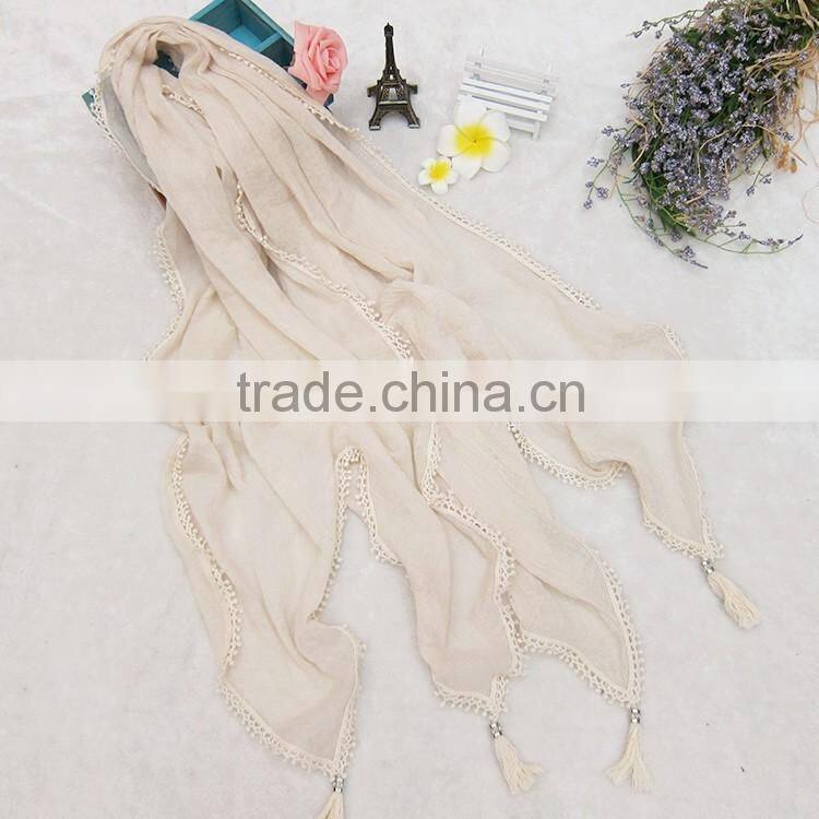 Fashion Latest Large Long Plain Cotton Linen Embroidery Lace Brim Tassel Scarf Shawl