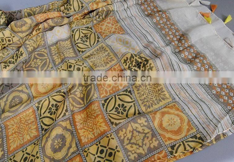 Yellow Leaf Flower Print Women Ladies Tassel Viscose Hijab Scarf Muslim