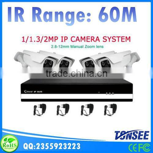 2015 China Alibaba hot selling hd zoom 1080P 4CH IP bullet camera system 4channel cctv IP NVR kit