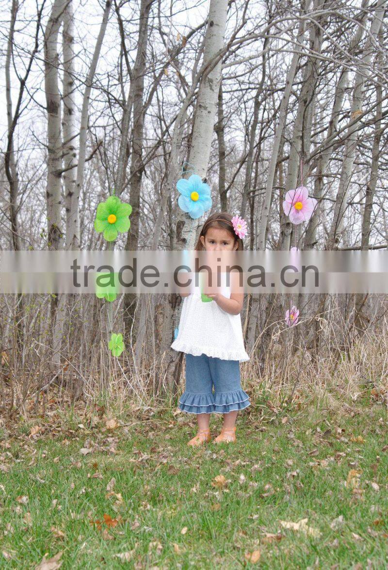 2015 Lovely design cotton lace top with Double Ruffle jeans pants Clothing sets