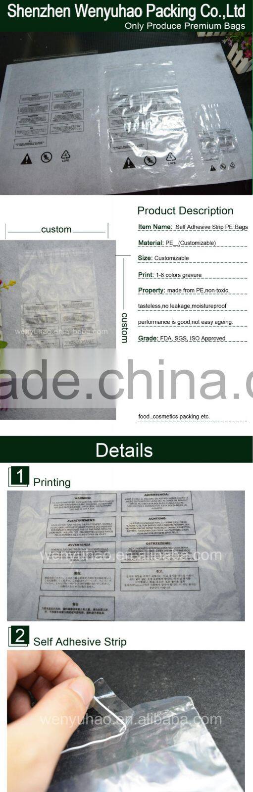 printed flat clear self adhesive strip Folding PE Bag with eight kinds of language high quality printing