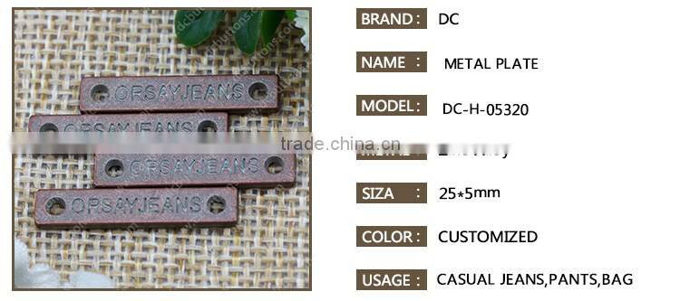 Garment Accessories Custom Metal Logo Plate for Handbags, Jeans,Bag and Overcoat