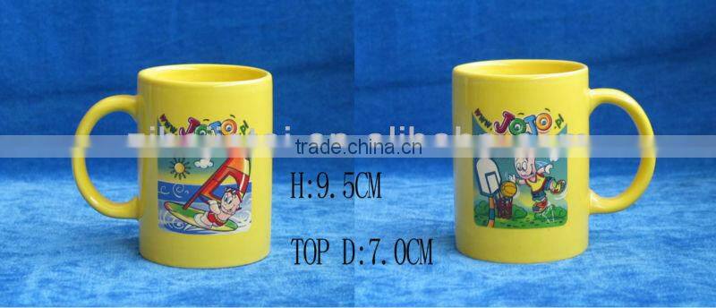 Straight Shape Yellow Glazed Ceramic Promotional Mug with JOJO Decal