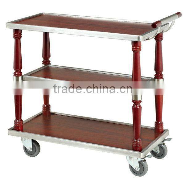 3 Layer Hotel Wood Food Service Handle Cart with Wheels/Coffee & Beverage Trolley