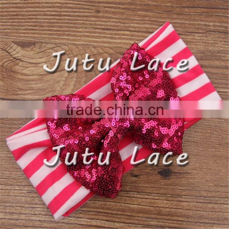 9 colors in stock babies headband stripes fabric, Sequin Bow Stripe Cotton knot headband wholesale