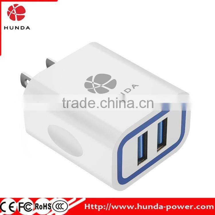 HUNDA Factory OEM 2 USB Port Slim 5V 2.4A high speed Cell Phone Charger-white