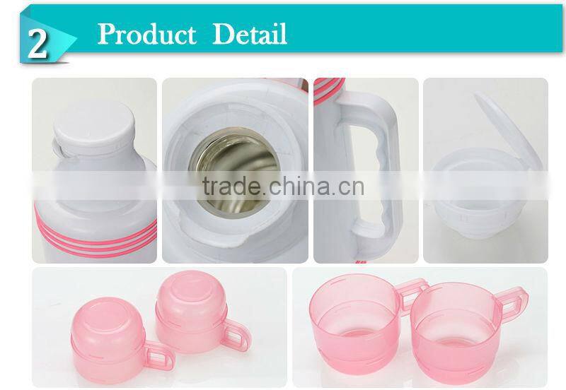 Popular insulated plastic outer glass liner flask with two cup,(FSUD)