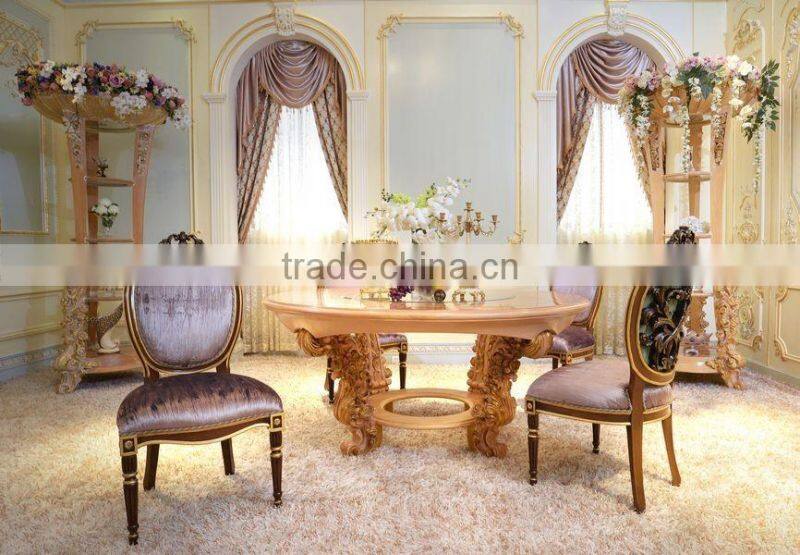 European Dining Room Furniture French Classical New Design Elegant Palace Floral Vivid Wooden Carving Dining Room Table Set