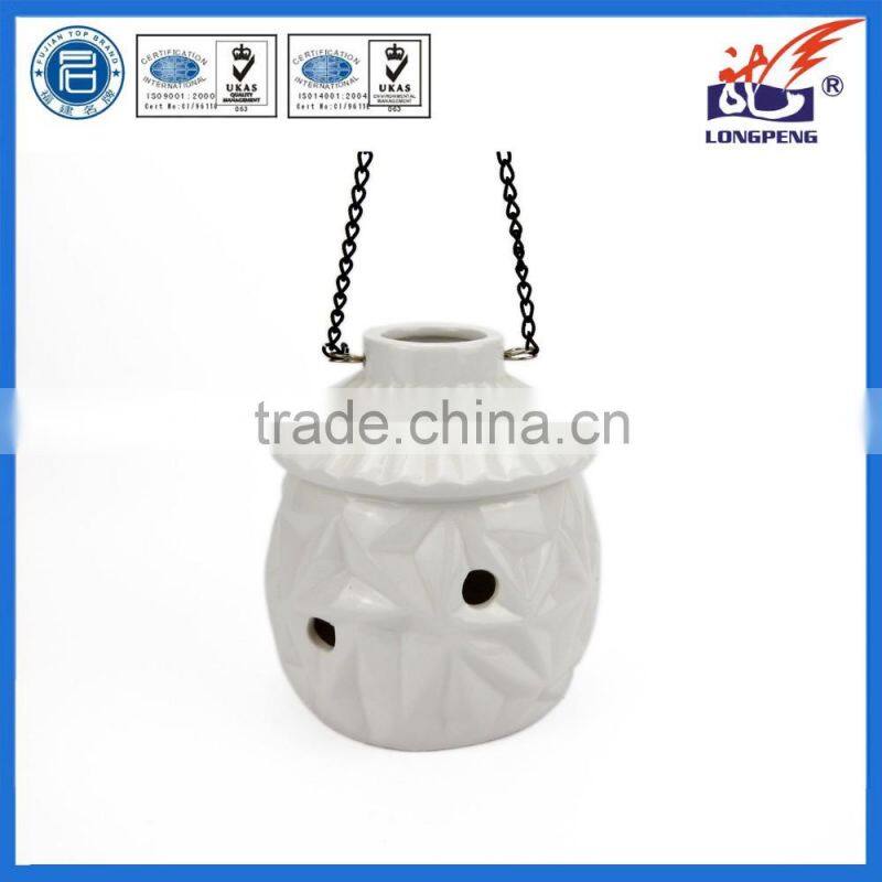 Eco-Friendly Elegant White Ceramic LED Light Hanging Candle Lanterns with Hollow Design