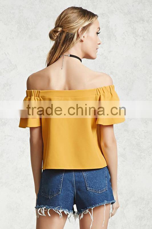 Woman Off The Shoulder Yellow Short Puff Sleeve Latest Blouse Designs