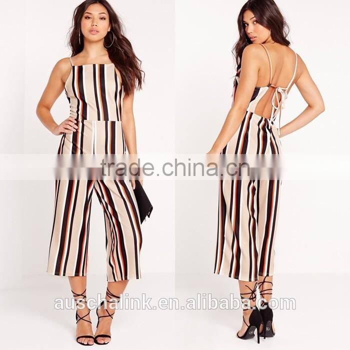 2016 Fashion Ladies Camel Crepe Striped Nice Jumpsuit