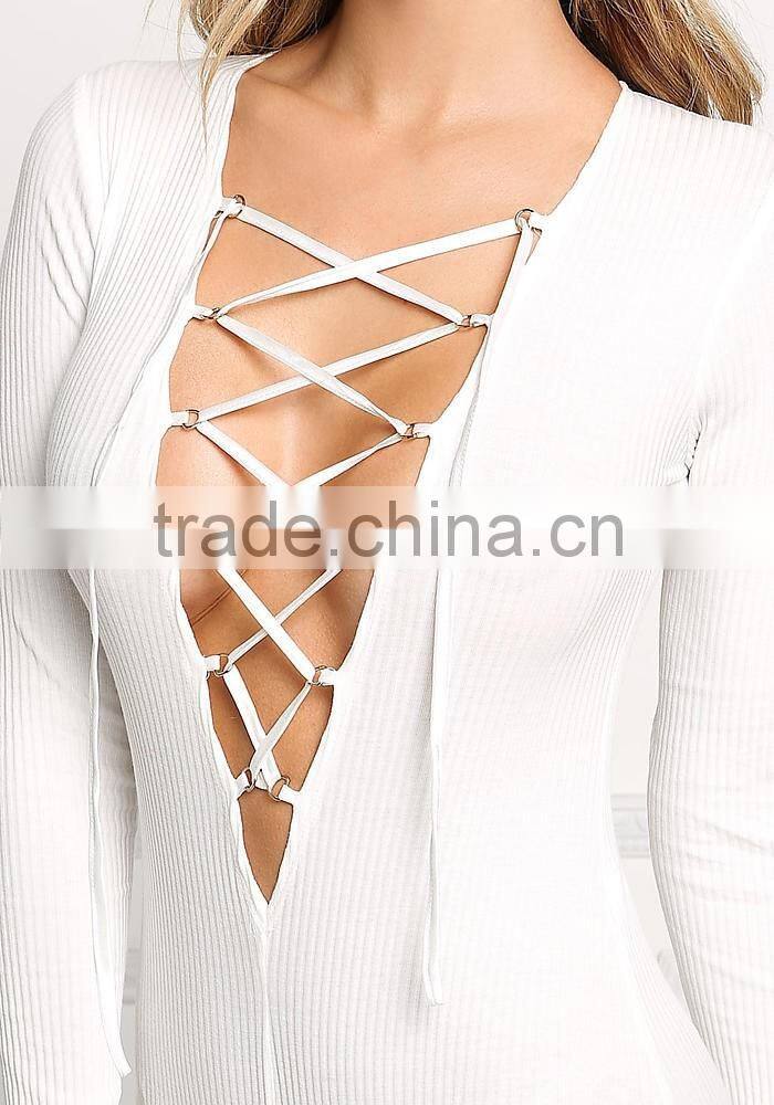 MGOO High Quality Women Long Sleeves Lace Up Bodysuit Low Back Off Plain White V Neck Rib 95% Cotton 5% Spandex