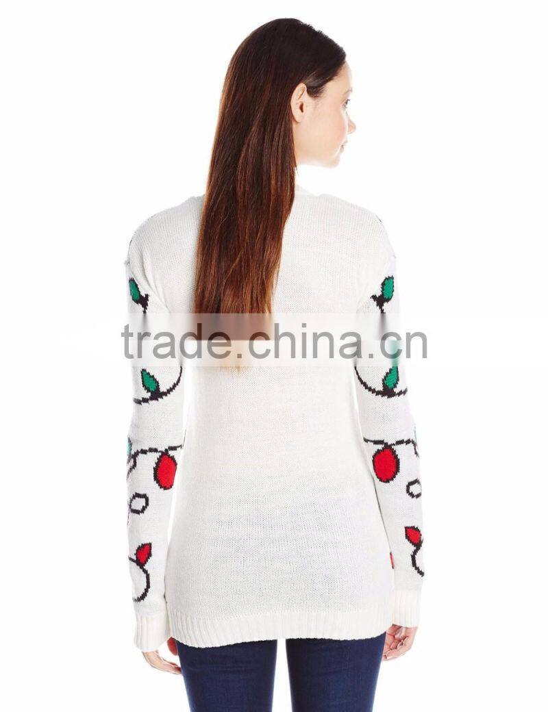 Women Whited Sweater Light Reindeer Design Pattern Christmas Sweater With Light