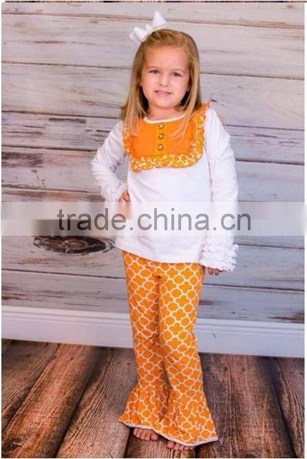 girls boutique outfits long sleeve white with bibs top and Four Leaf Clover ruffle pants halloween outfit girls boutique outfit