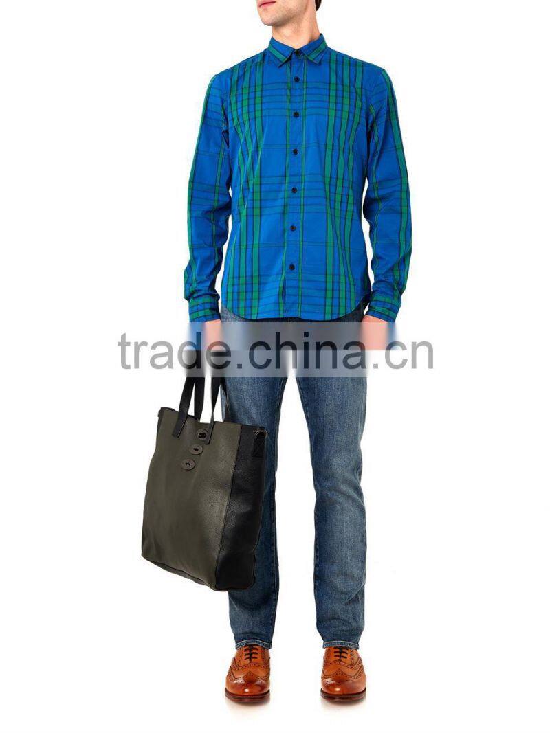 Royal-blue, green and navy graphic check-printing cotton-blend t shirt