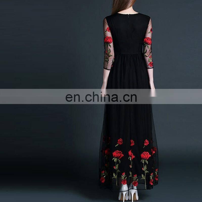 2016 Newest Spring Maxi Long Style Net Yarn 3/4 Sleeve Embroidery Evening Dress