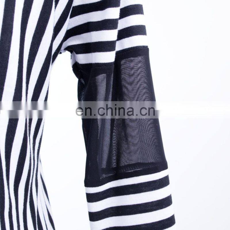 2017 latest fashion women's tee shirt Korean slim vertical stripes stitching female blouse shirt with mesh long sleeve