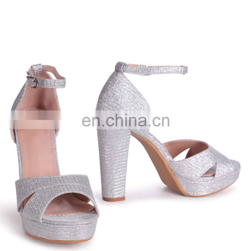 Silver glitter closed back platform high block heels ankle strap sandals ladies function shoes